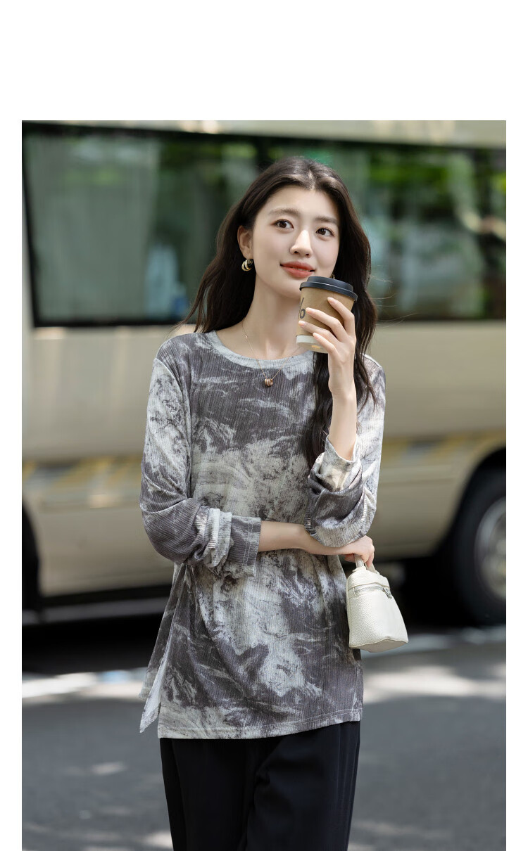 Demana [Direct Injection Printing Process] Autumn National Style New Chinese Silk Smooth Draped Round Neck Long Sleeve Elegant Women's T-Shirt 1