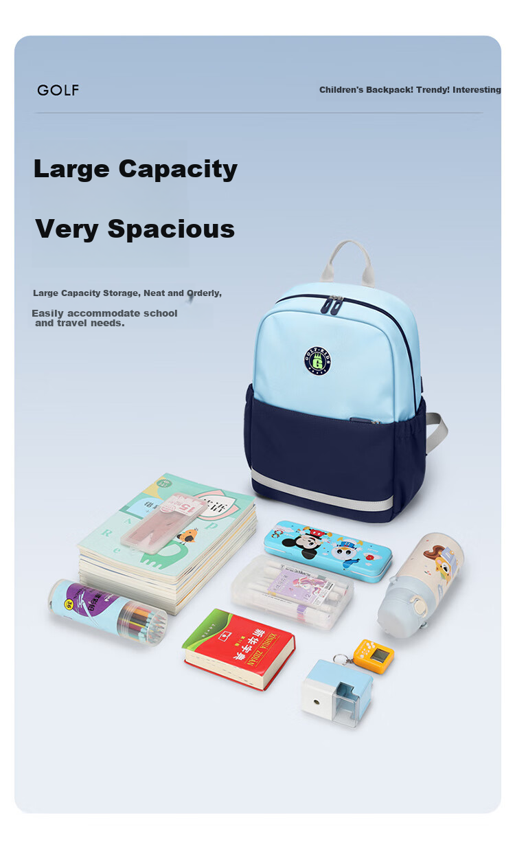 GOLF Elementary School Backpack, Lightweight Children's Shoulder Bag, for Grades 1-3, Outdoor Use for Boys And Girls, Preschool to Elementary Transition Backpack, for Travel And Field Trips 11