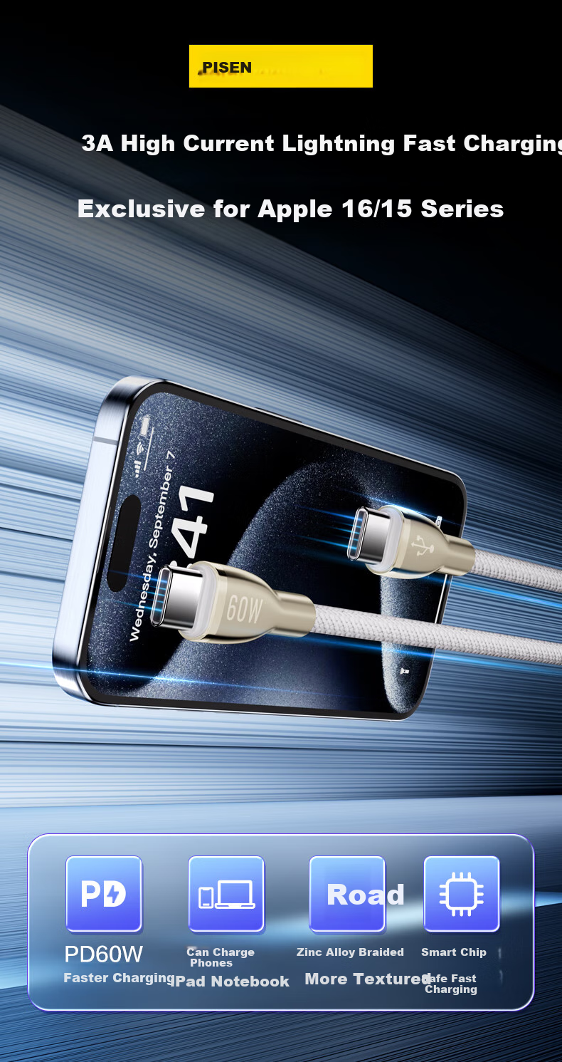 Pisen Apple 17 Charging Cable Dual-Head Type-C Data Cable PD 100W Fast Charging CTOC Car Charger Compatible with iPhone 16 Pro Max/15 Tablet Huawei Xiaomi Laptop 1