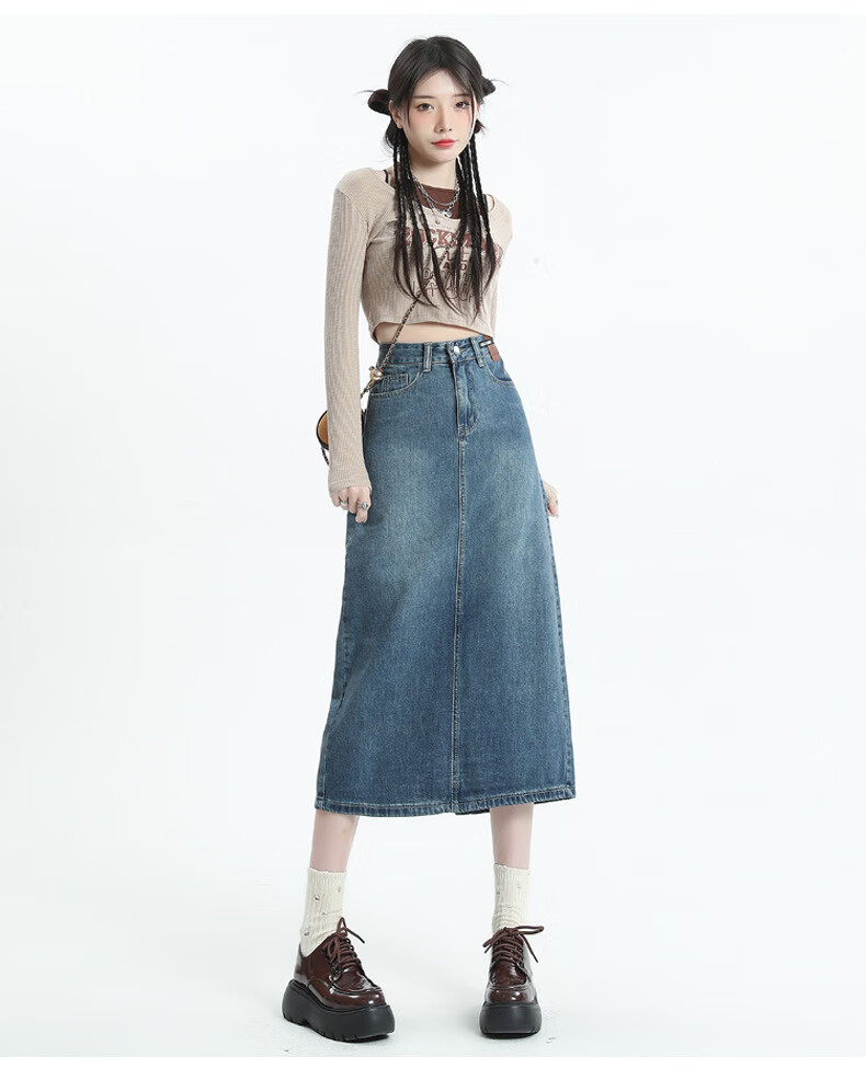 Langsha Women's Denim Skirt 2026 New High-Waist A-Line Slimming Back Slit Casual Mid-Length Pencil Skirt 16