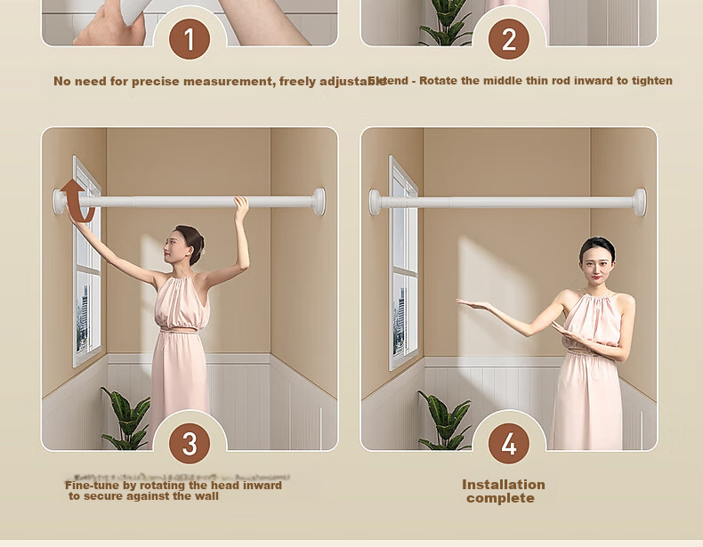 Shuixingjiafang No-Drill Extendable Rod, Shower Curtain Rod, Window Curtain Rod Set, Single Rod for Clothes Drying, Support Pole, Black, 1.6-2.5 Meters 8