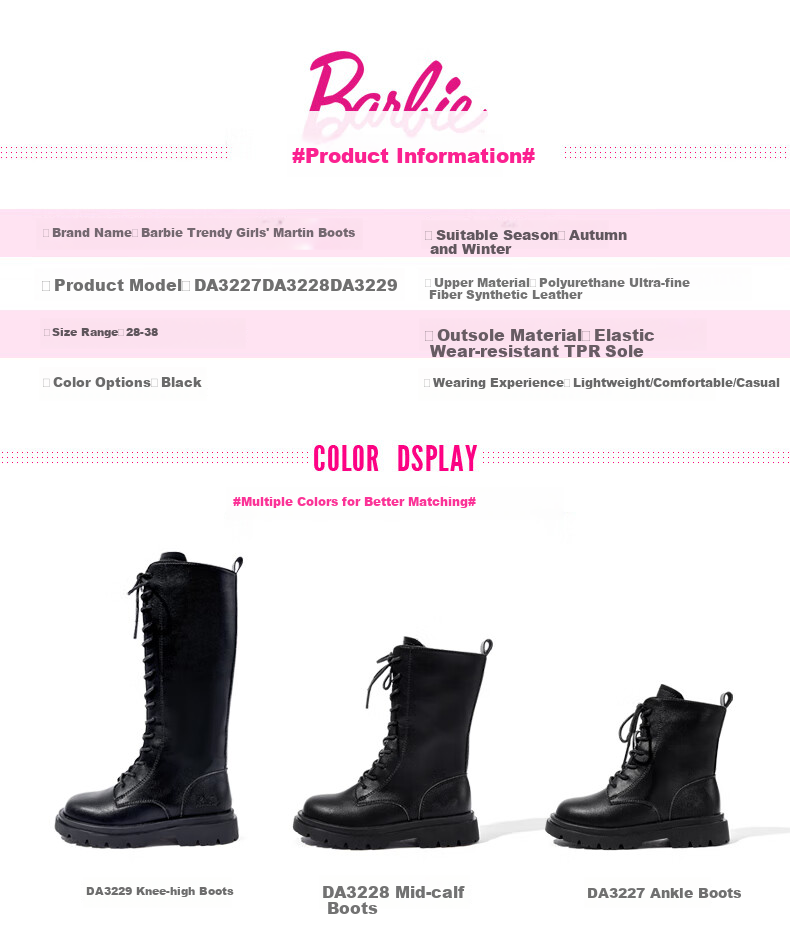 Barbie Children's Shoes, Girls' Spring And Autumn Martin Boots, Single-Lined Mid-Calf Leather Boots, Versatile Black Boots for Kids, DA6567 Black, Size 37 6