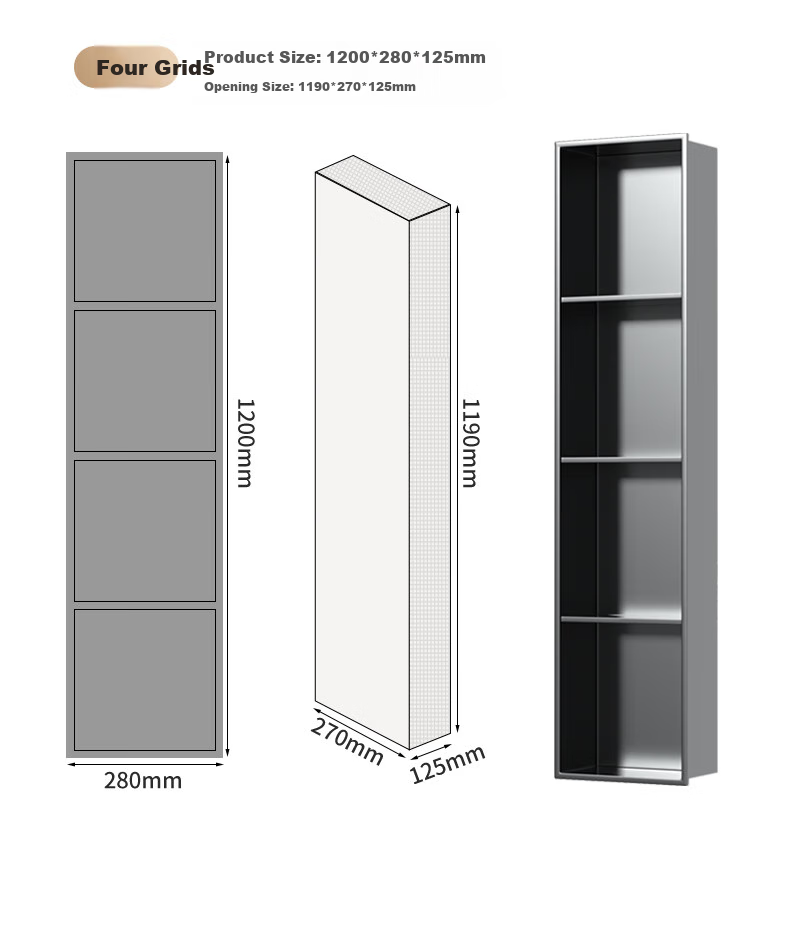 Baizi 304 Stainless Steel Bathroom Storage Rack, Built-In Wall Cabinet with Door, Waterproof, 3-Tier Large Capacity Storage Unit for Bathroom 14