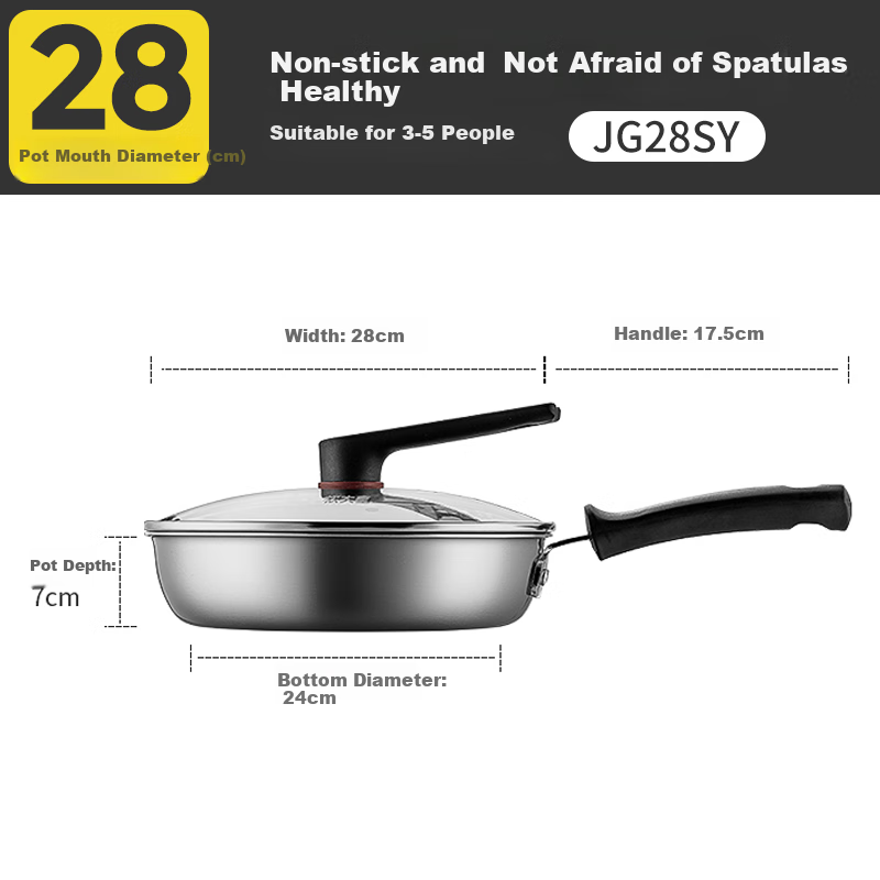 COOKER KING 316 Stainless Steel Flat Bottom Frying Pan 28cm, Non-Stick Pan Suitable for Induction Cookers, Stir-Fry Pan, Steak Pa