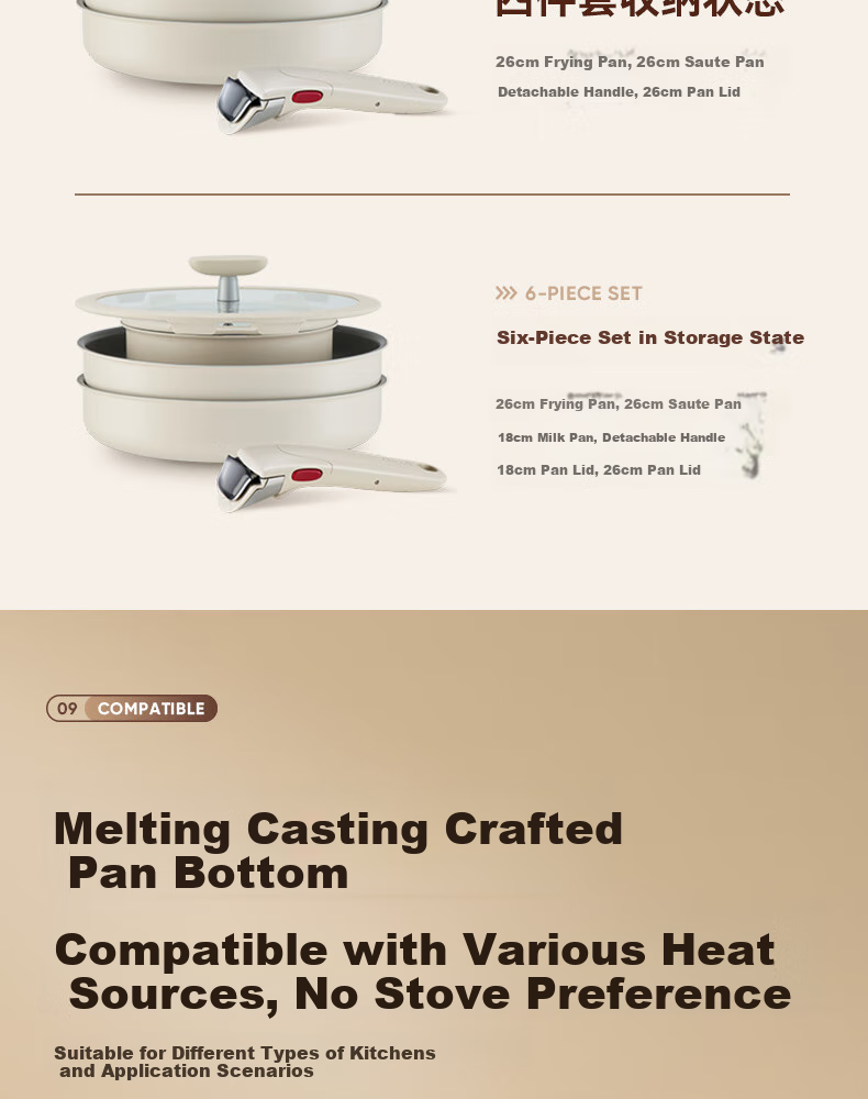 SUPOR Detachable Handle Foldable Non-Stick Ceramic Coated Multifunctional Four-Piece Cookware Set Compatible with All Stoves 14