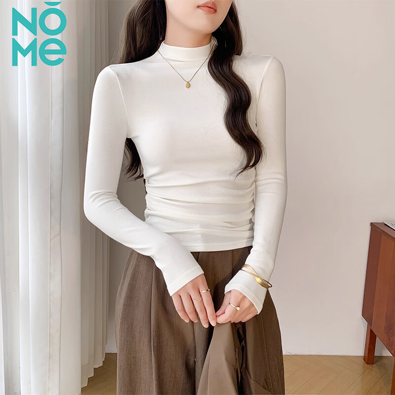NOME Early Autumn Half Turtleneck Slim Fit Long Sleeve Basic T-Shirt Women 2025 New Solid Color Top White L
