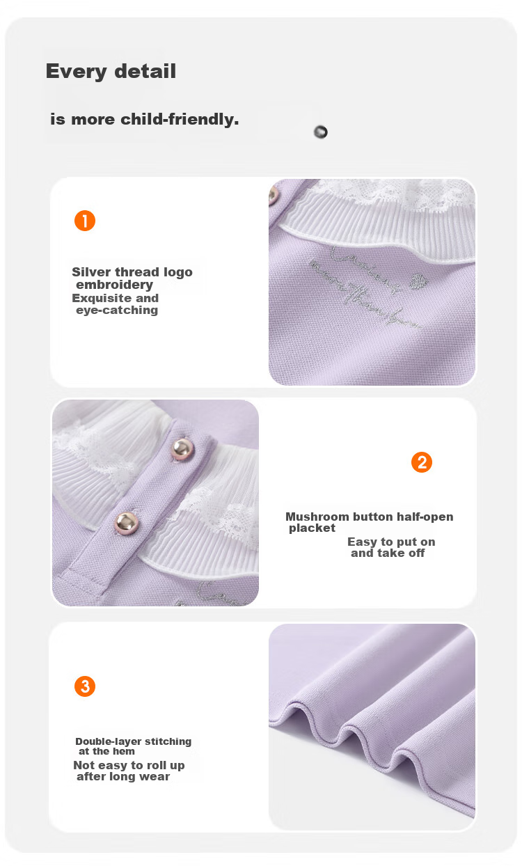 QQ DUCK Children's Clothing Long Sleeve Girls' Polo Shirt Top Youth Clothing Mesh Doll Purple; 120 7
