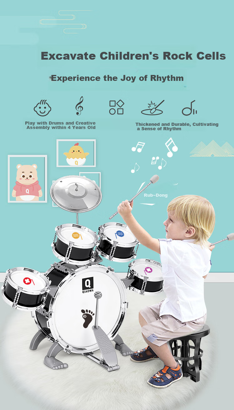 QIAO WA BAO BEI Drum Set Educational Toy Instrument for Children Beginners Jazz Drums Gift for Boys Aged 1-2 Years Old Birthday Present 1