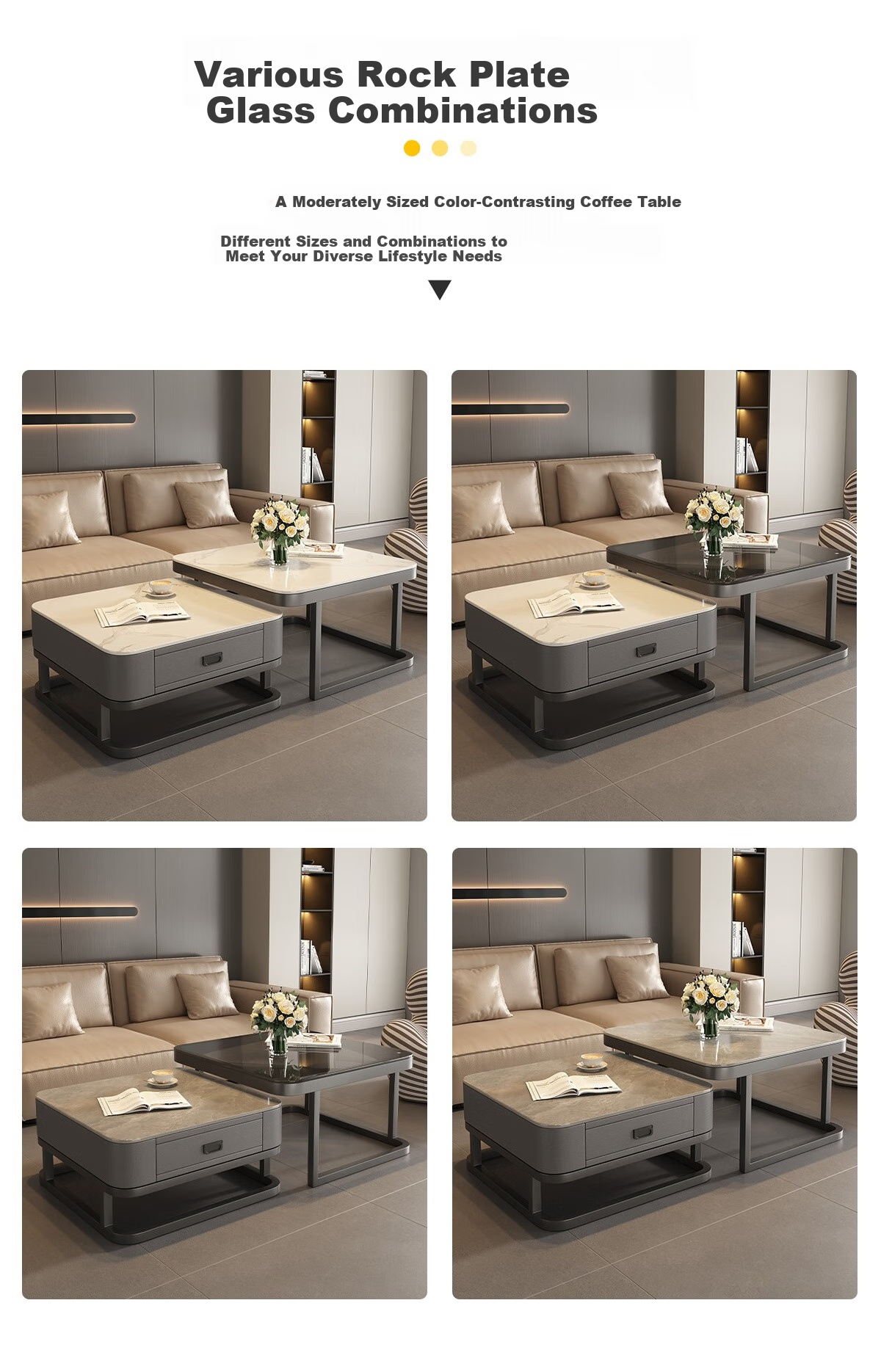 Qianxihuafu Coffee Table, Living Room Side Table for Small Apartments, High-End Light Luxury, 2026 Square Rock Slab Coffee Table, White And Gray Glass Top 19