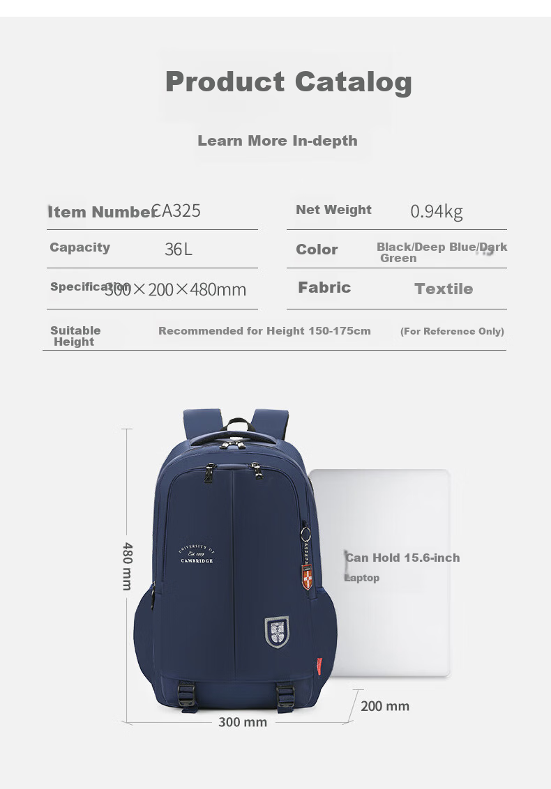 UNIVERSITY OF CAMBRIDGE British Cambridge Middle School Student Backpack for Boys, Large Capacity Lightweight Shoulder Bag for High School Students CA325 Blue 7