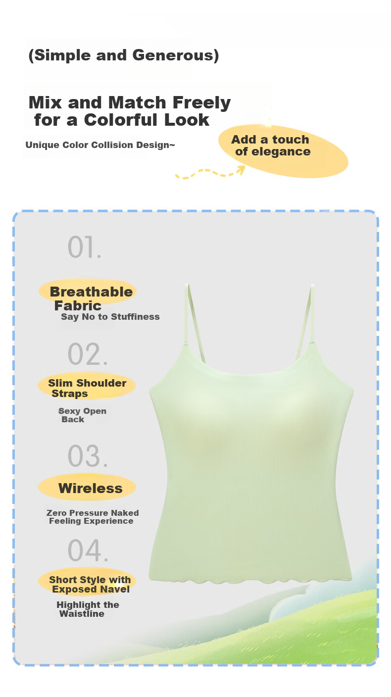 Bandgewoo Camisole for Women with Built-In Bra Pads, Seamless Underwear, Beautiful Back Design, Thin Straps, Anti-Exposure Bralette, Inner Wear 6