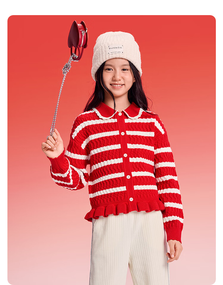 Balabala [balaOne] Girls' Red Knit Cardigan with Collar Autumn Winter New Year Outfit 1