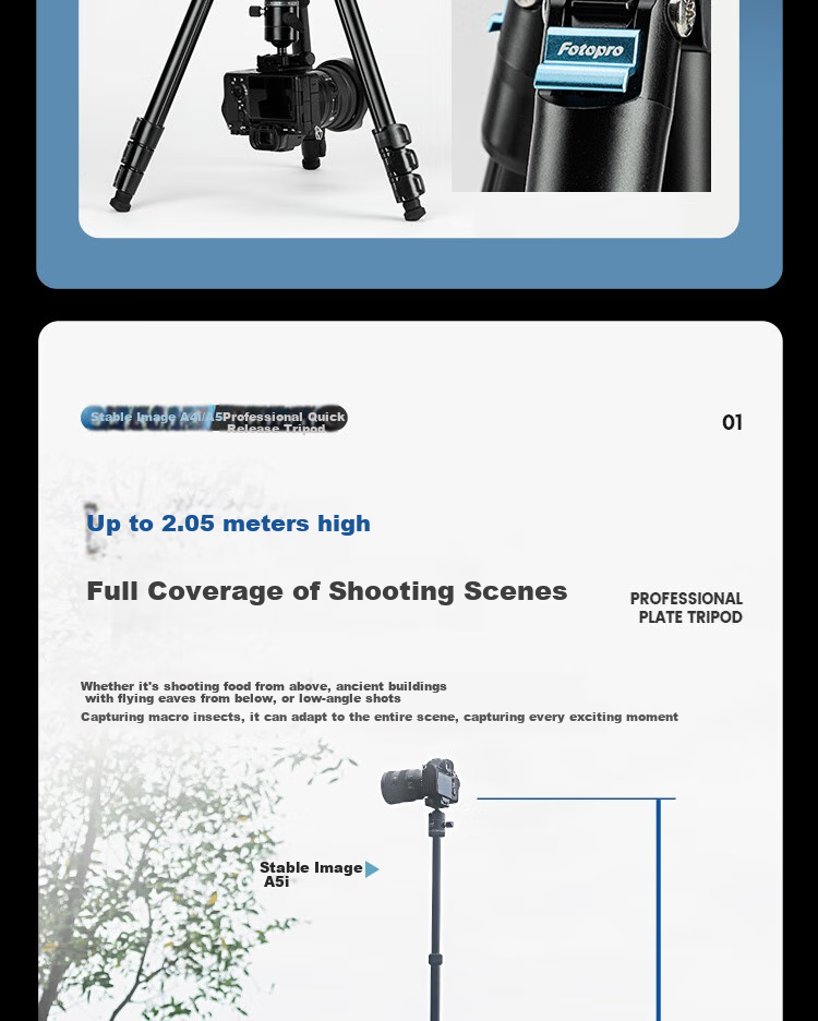 Fotopro A5i+55QS+SJ-85, Buckle Design Panoramic Ball Head, Variable Monopod, Mirrorless Digital Camera Photography Tripod, Feather Gray 5