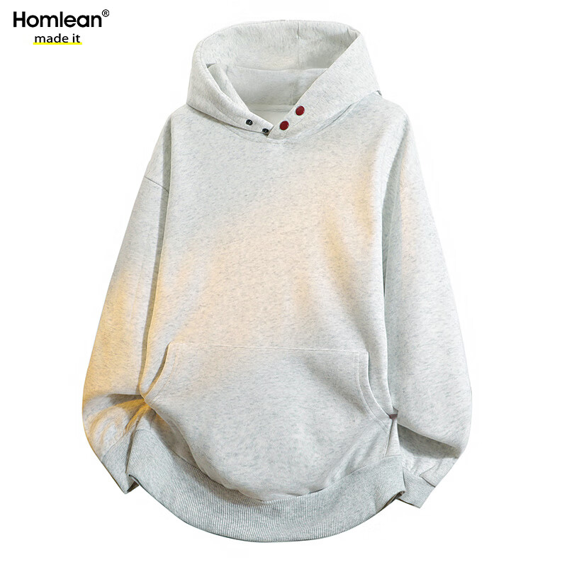 Homlean American Heavyweight Hoodie Autumn Men's High Street Solid Color Loose Casual Top HQ20 White Heather Gray XL