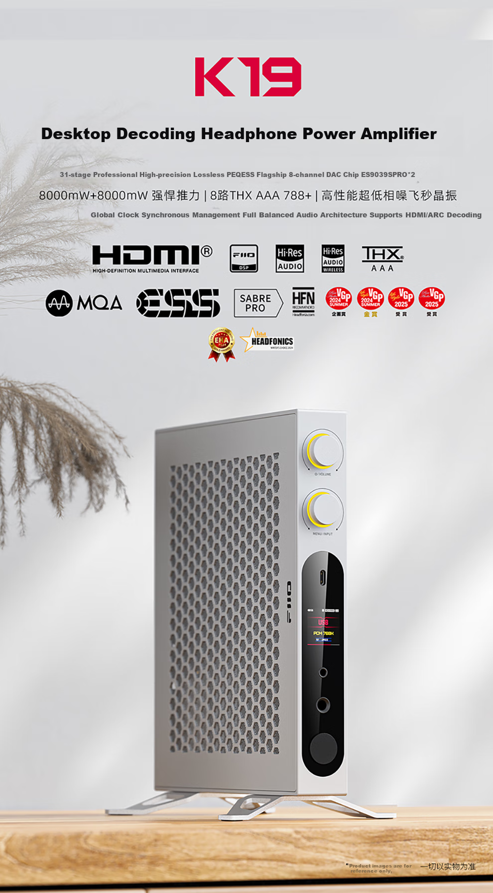 FiiO K19 Flagship Desktop Decoding Headphone Amplifier, DSD Decoding All-In Headphone Amplifier, HiFi Decoder, Silver Decoder 1