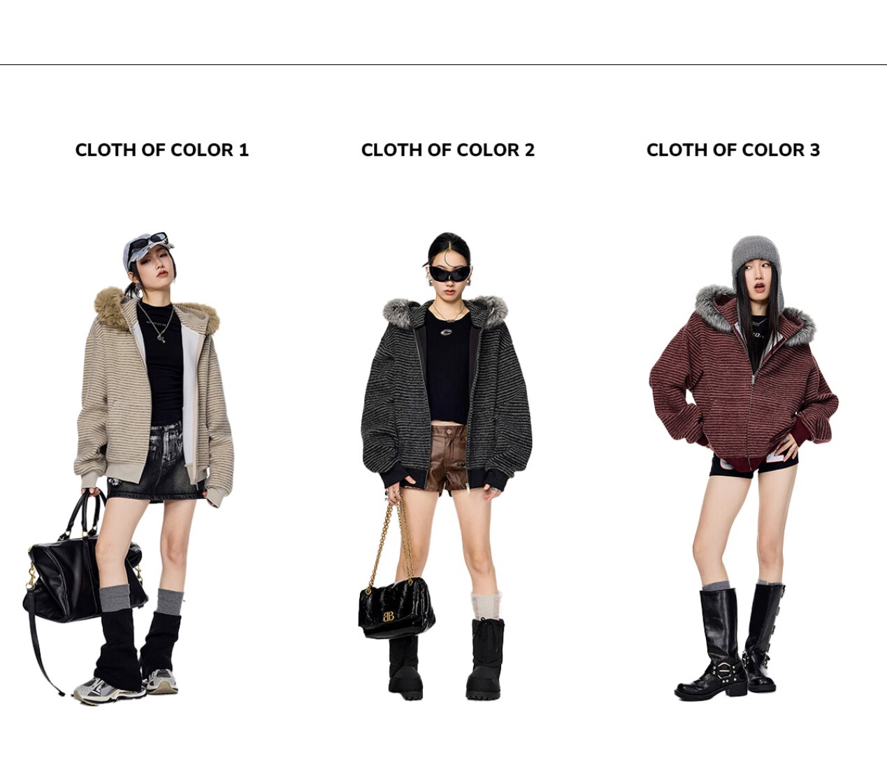 ICH MODE Women's American Style Hooded Striped Jacket with Fur Collar Autumn Winter New Zip-up Sweatshirt Cardigan Black M 2