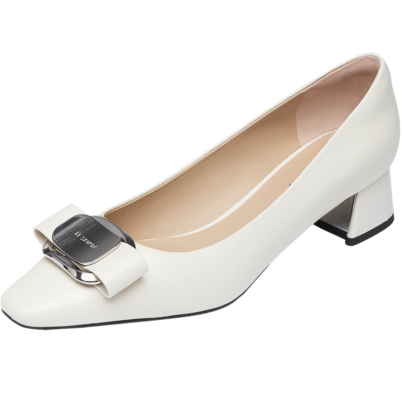 Le Saunda 26 Spring New Fashion Chunky Heel Square Toe Lambskin Work Shoes Women 6T41009 Almond White OWK 35