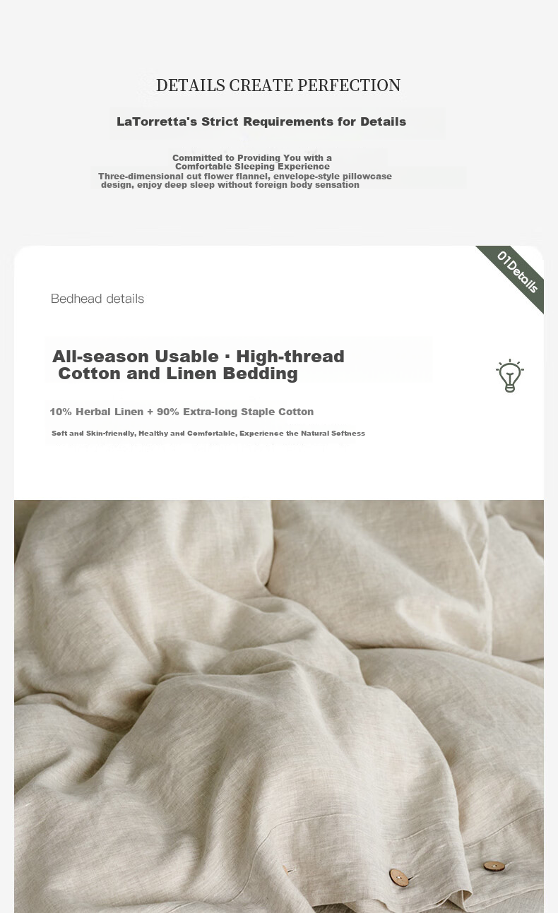 La Torretta Linen Cotton Four-Piece Set, Class A Washed Woven Long-Staple Cotton Duvet Cover Bed Sheet Bedding, 200*230cm 8