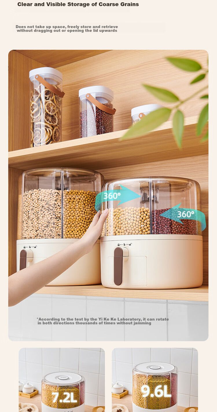 Ecoco Rice Container, Food-Grade Rotating Multi-Grain Bucket, Sealed Jar, Kitchen Storage Container for Grains, Insect-Proof Rice Box E2332 White 6