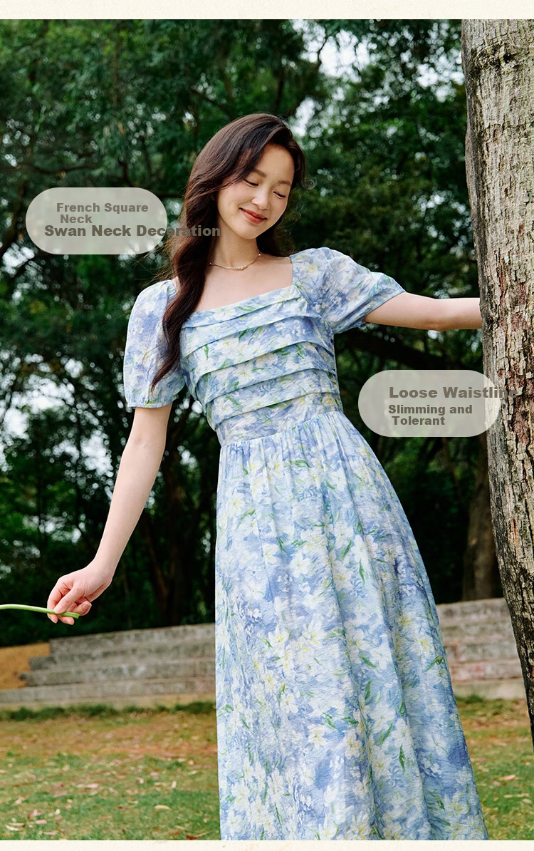 Inman Vacation Style Seaside Print Dress Summer Women's Square Neck Puff Sleeve Waist Cinched Long Dress Glaze Blue M 6