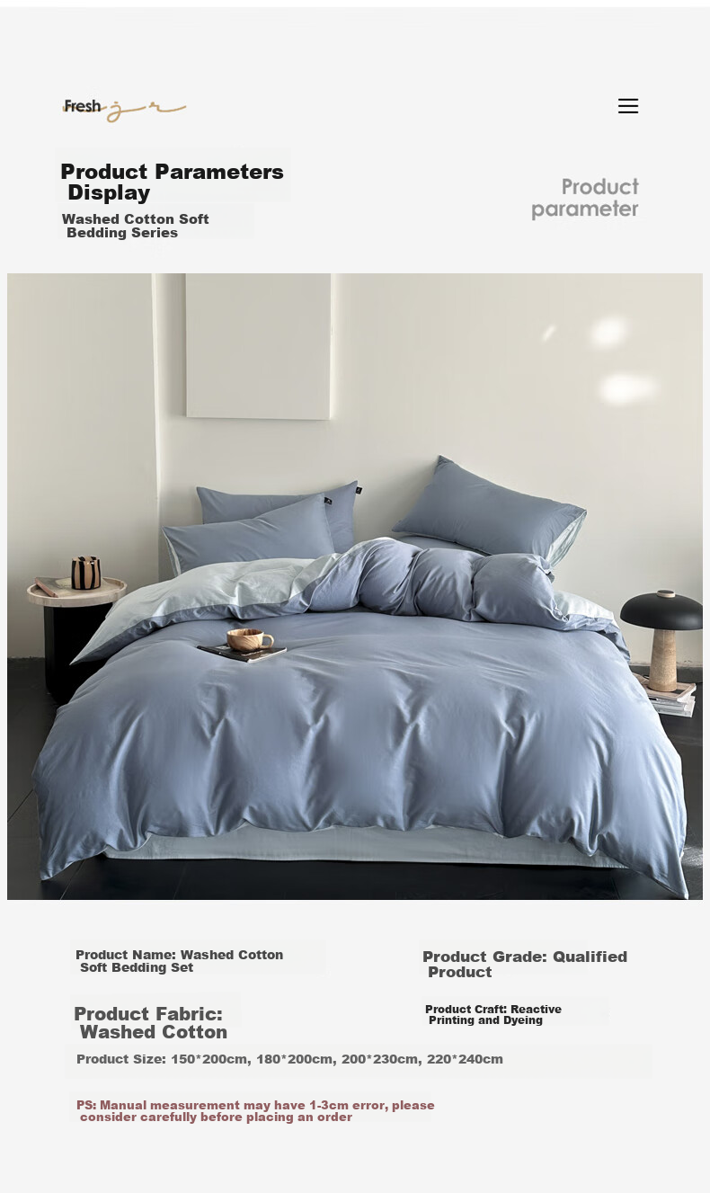 AVIVI Duvet Cover, Single Piece, Dormitory Single Bed Cover, Washed Cotton Brushed Duvet Cover, 180x200cm, Moonlight Misty Blue 2