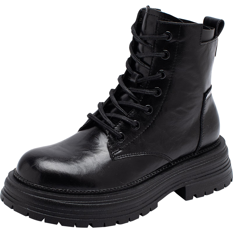 Dafuni Black Martin Boots for Women, Autumn And Winter Fleece-Lined Thick-Soled Height-Increasing 2025 New Style Boots, British Style Low-Cut Ankle Boots