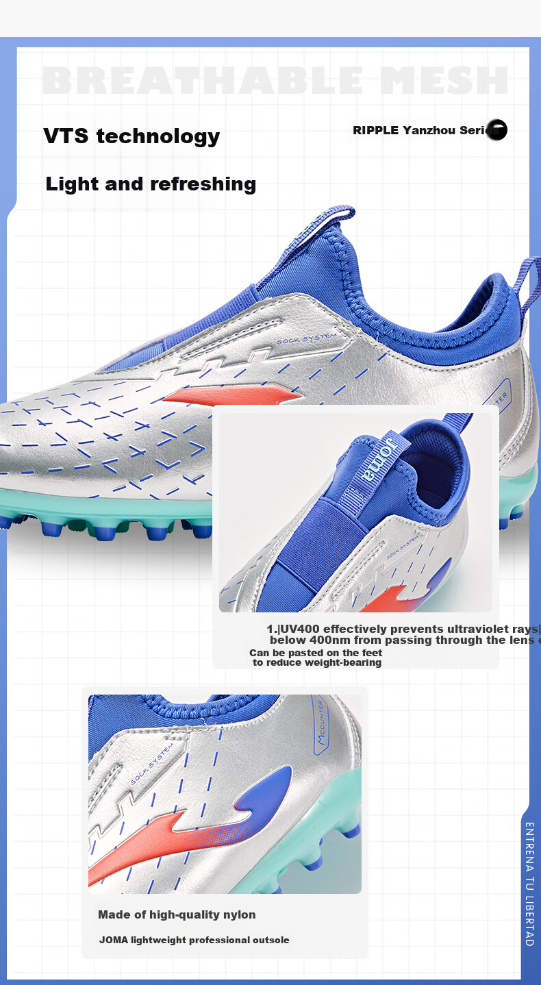 JOMA Children's Soccer Shoes, MG Short Studs, Non-Slip And Wear-Resistant for Artificial Turf, Professional Competition And Training Shoes, Light Blue, Size 37 5