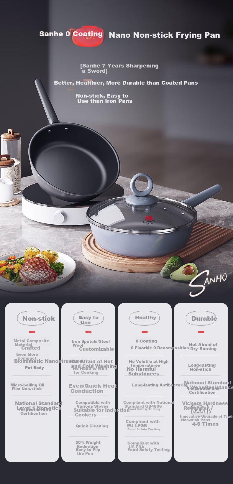 Sanhe 0 Coating Micro-Nano Non-Stick Frying Pan, Flat Bottom Pan without Coating, Titanium-Containing Flat Bottom Frying Pan, Egg Pan, 26cm, Tianxiong Black 2