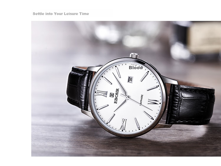 EBOHR Men's Watch, Master Series, Simple White Leather Strap Quartz Men's Watch, Birthday Mid-Autumn Festival Gift, 36000234 8