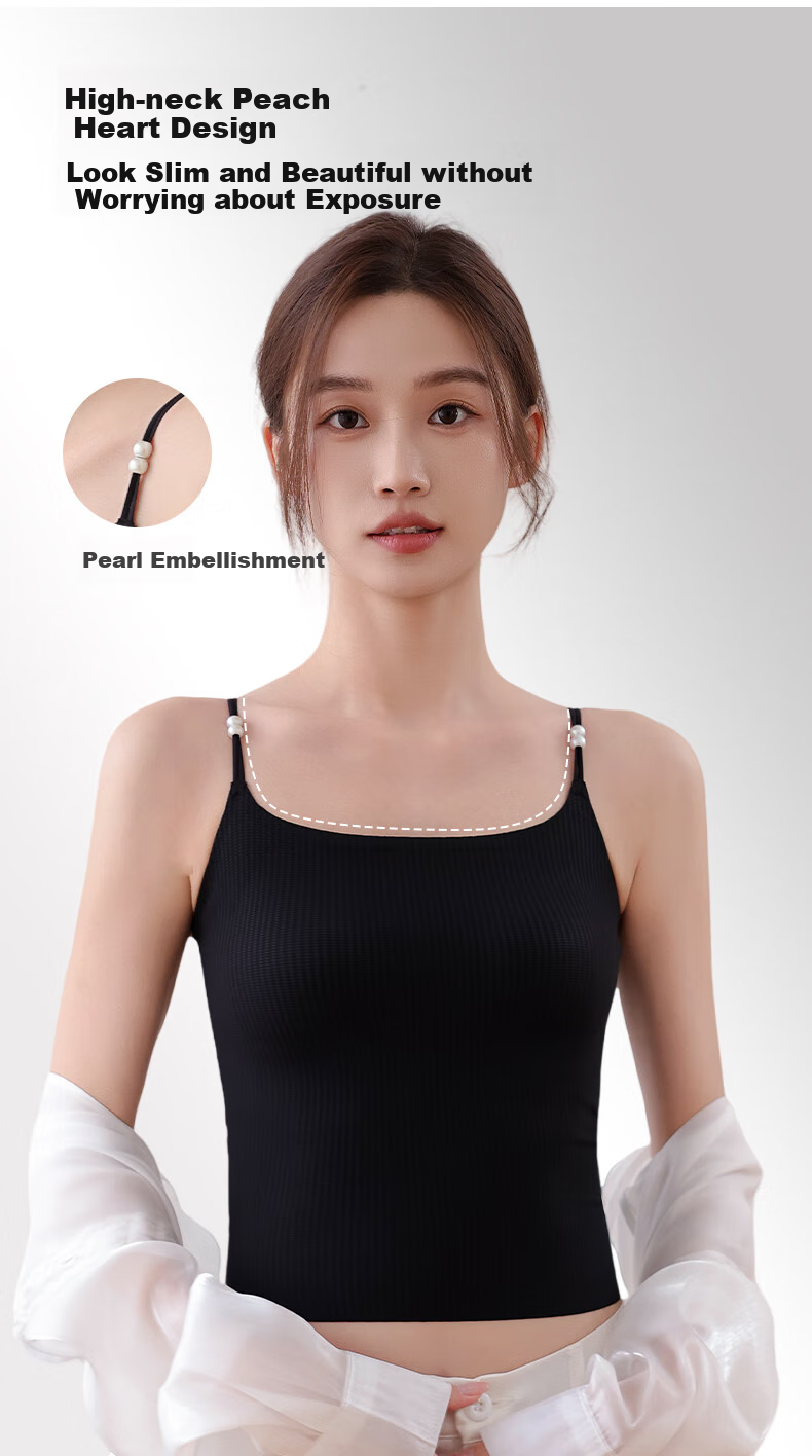Caobenchuse Women's Camisole Bra, Invisible Seamless with Built-In Pads, Lightweight Pearl Thin Strap Undershirt for All Seasons 2