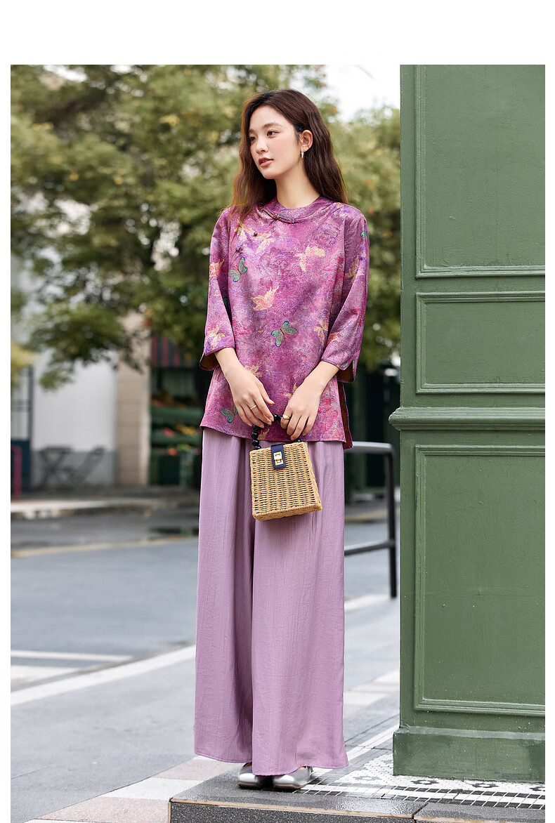 Fanximan New Chinese Style Women's Autumn Set Stand Collar Top Wide Leg Pants Set Purple Floral M 9