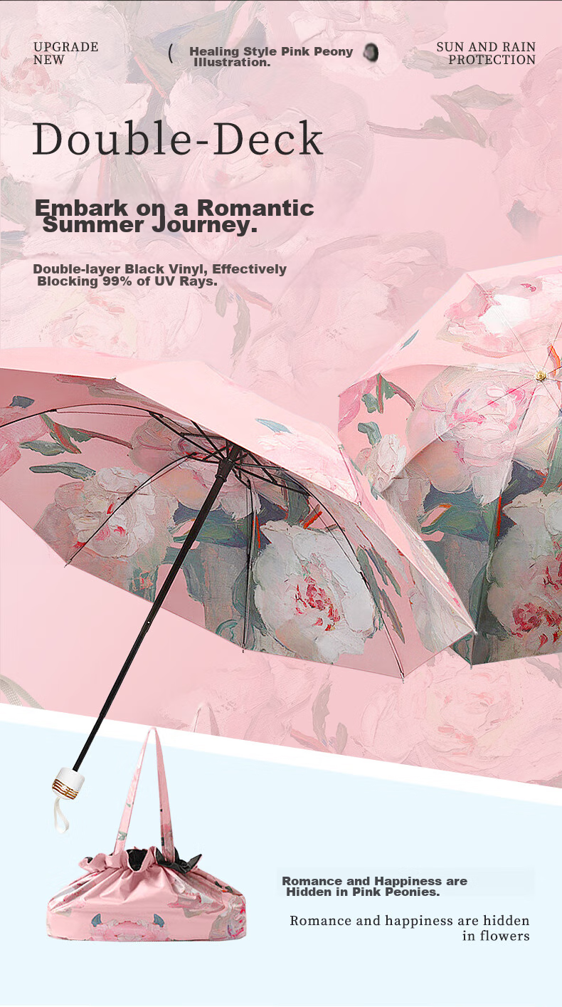 Bahainiao Double-Layer Sun Umbrella, UV Protection for Women, Manual Folding, Double-Sided Floral Reverse Umbrella, Double-Layer Sunshade [Pink Peony + Handbag] 1