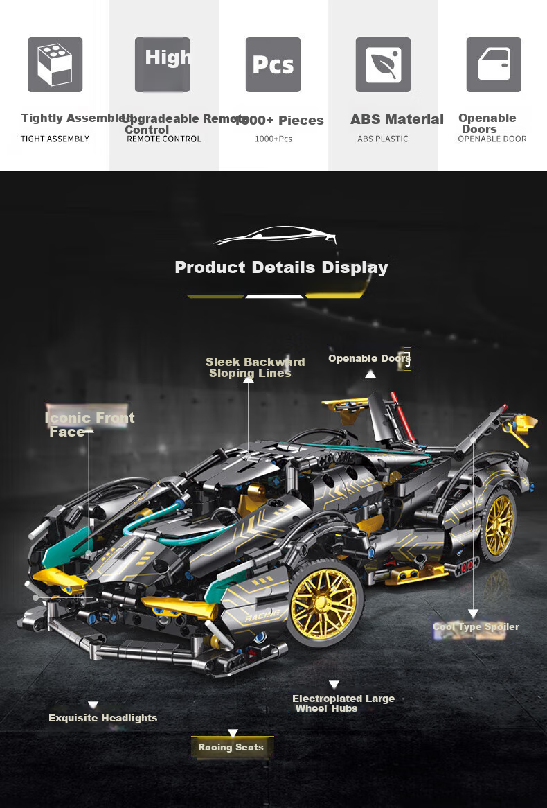 Gaozhile High-Difficulty Assembly Building Blocks, Children's Toy, Birthday Gift for Boys And Girls, Lamborghini Black Knight, Ages 6-12 2