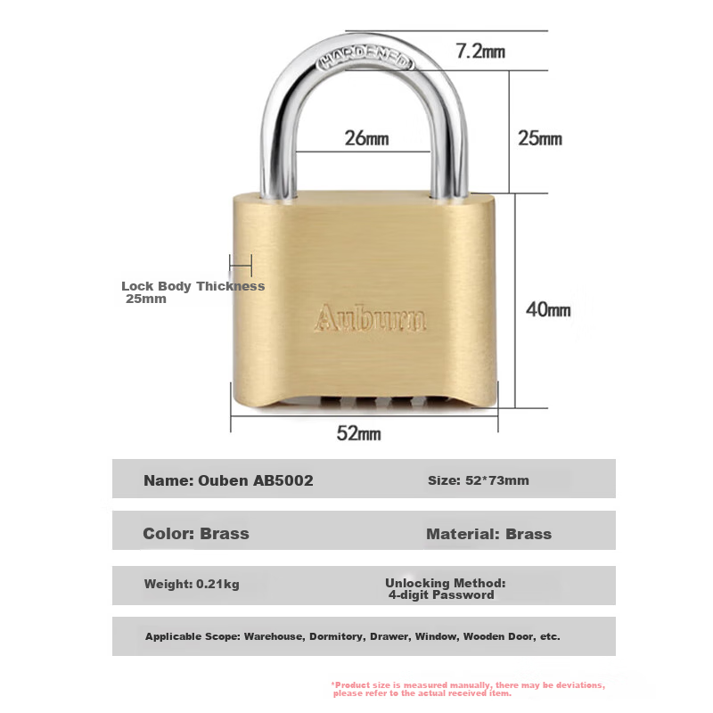 Aoben Password Lock, Copper Padlock 52MM, Indoor And Outdoor Door Lock, Warehouse School Enterprise Gate Anti-Theft Lock AB5002