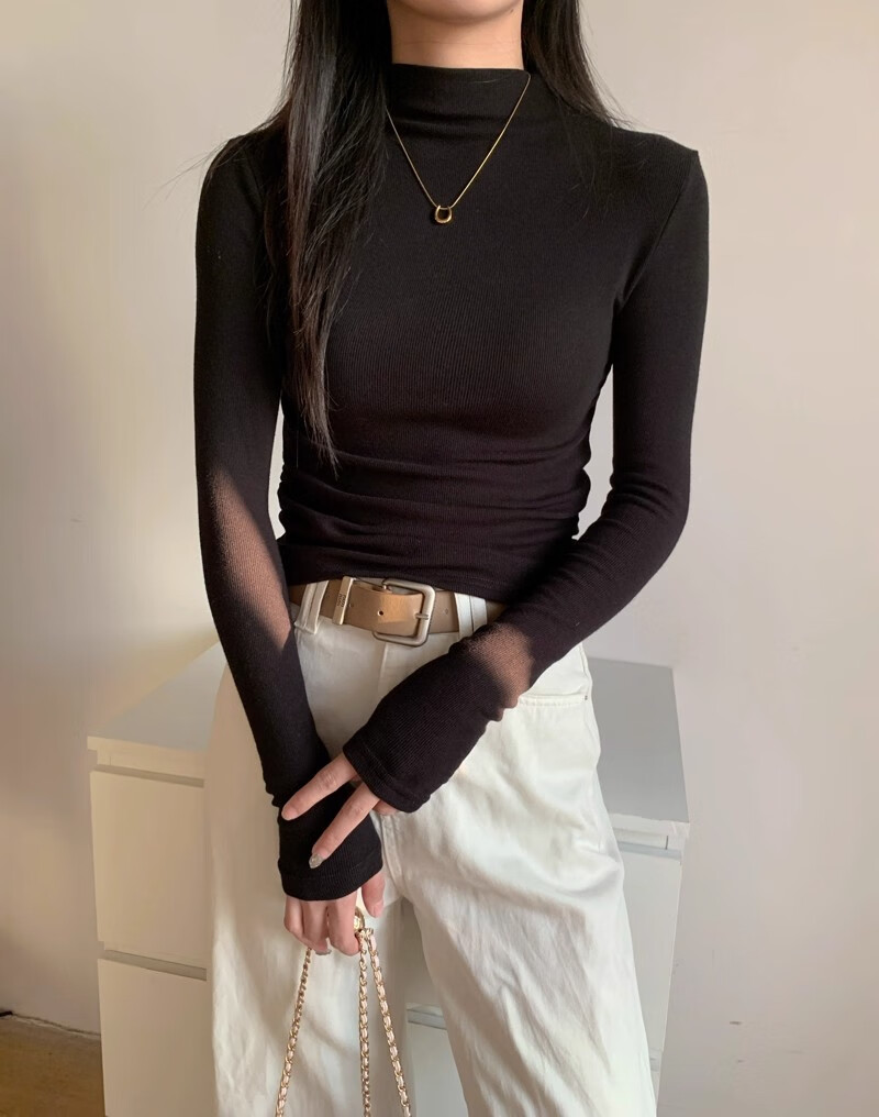 La Chapelle Women's Semi-Turtleneck Slim Fit Lightweight Knit Top Autumn Winter Black L 12