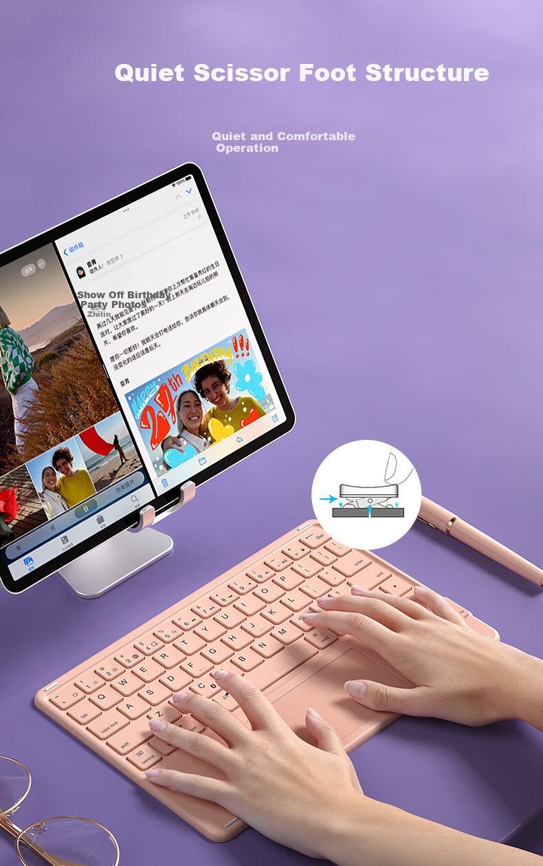 B.O.W Hangshi HB321 Ultra-Thin Bluetooth Wireless Touch Keyboard Compatible with IPad, Xiaomi, Huawei, Apple Tablets, Smartphones, Laptops, Quiet Charging Keyboard Zhuyu Pink 4