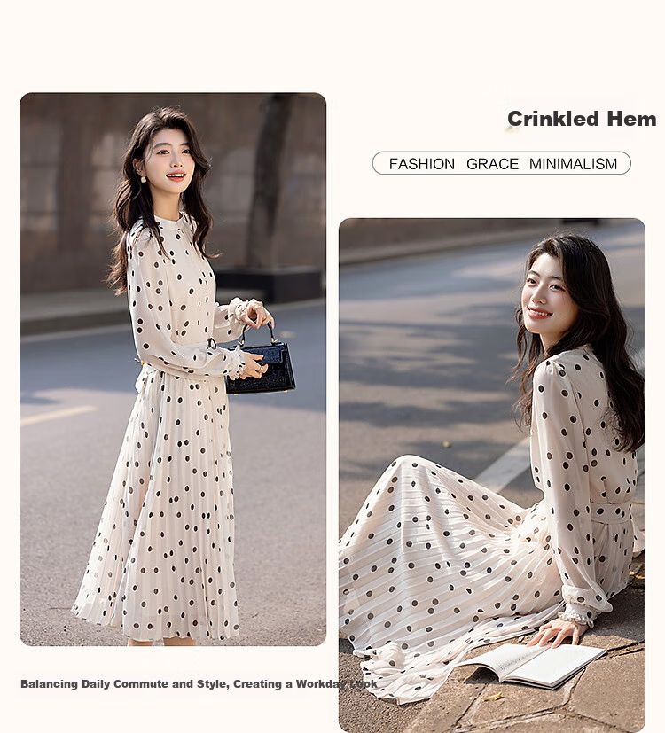Dme [Elegant French Girl] Autumn Vintage Polka Dot Waist-Cinching Pleated Skirt with Ruched Hem, A-Line Women's Dress 5