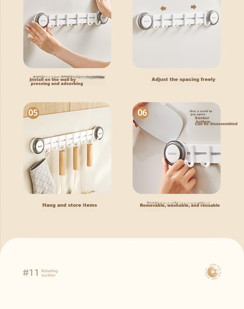 Ecoco Suction Cup Hooks No Drilling Required One Row Kitchen Hanging Rack for Utensils, Pots, Spatulas, And Spoons Storage Organizer E25080 White 27