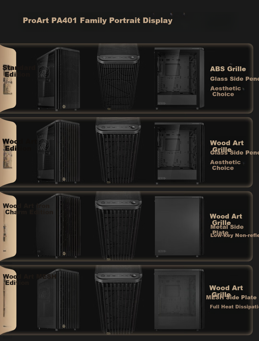 ASUS ProArt Chuangmeng 40 PA401 Woodcraft Edition Case, Powerful Cooling, Wooden Air Grille, Tool-Free Disassembly And Assembly, Power Button Lock, PWM One-Button Setup 1