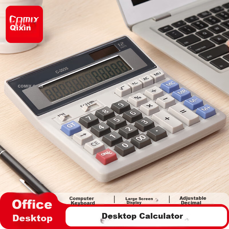 COMIX Dual Power Computer Keyboard Calculator, 12-Digit Large Screen Horizontal Desktop Calculator, Financial/Banking Office Stationery Supplies, Medium Size C-2035