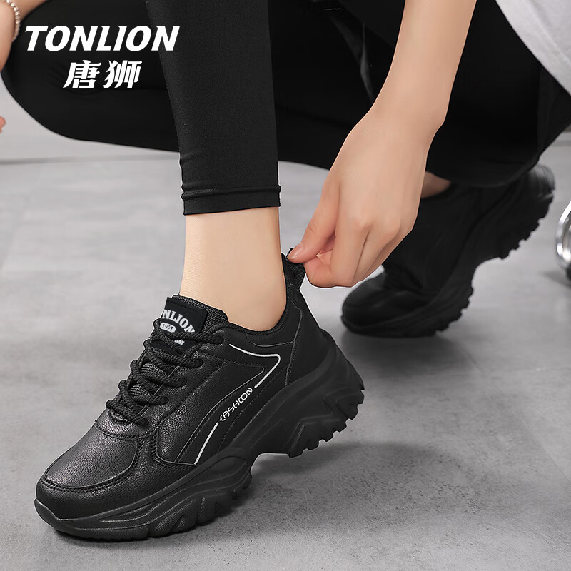 TonLion Women's Spring Summer 2026 Leather Dad Sneakers Casual Thick Sole Sports Shoes Black Size 38