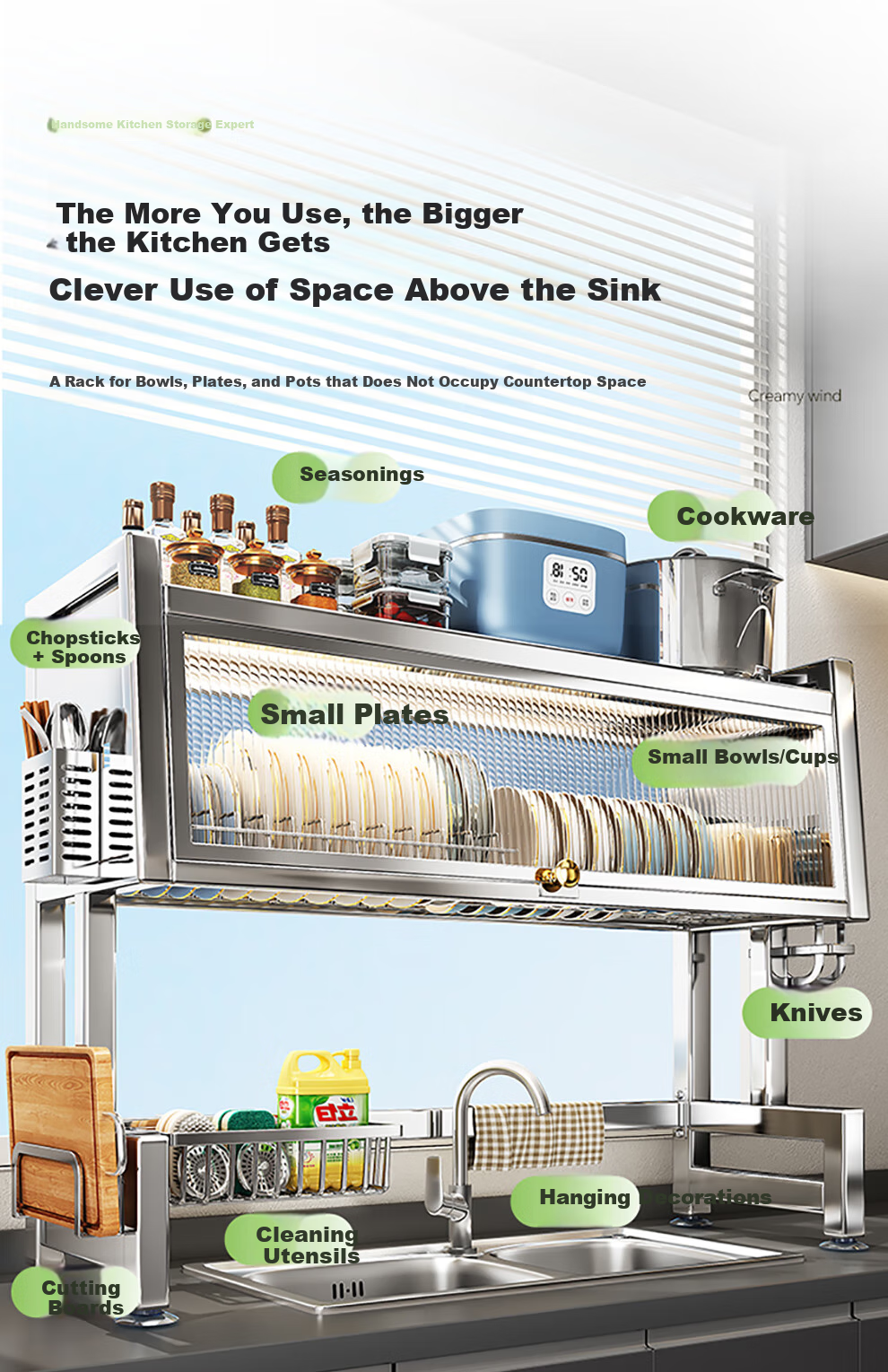 Shuaishi Kitchen Storage Rack, Stainless Steel Sink Shelf, Dish Organizer, Basin Drainer, with Cabinet Doors, 95cm Long 10