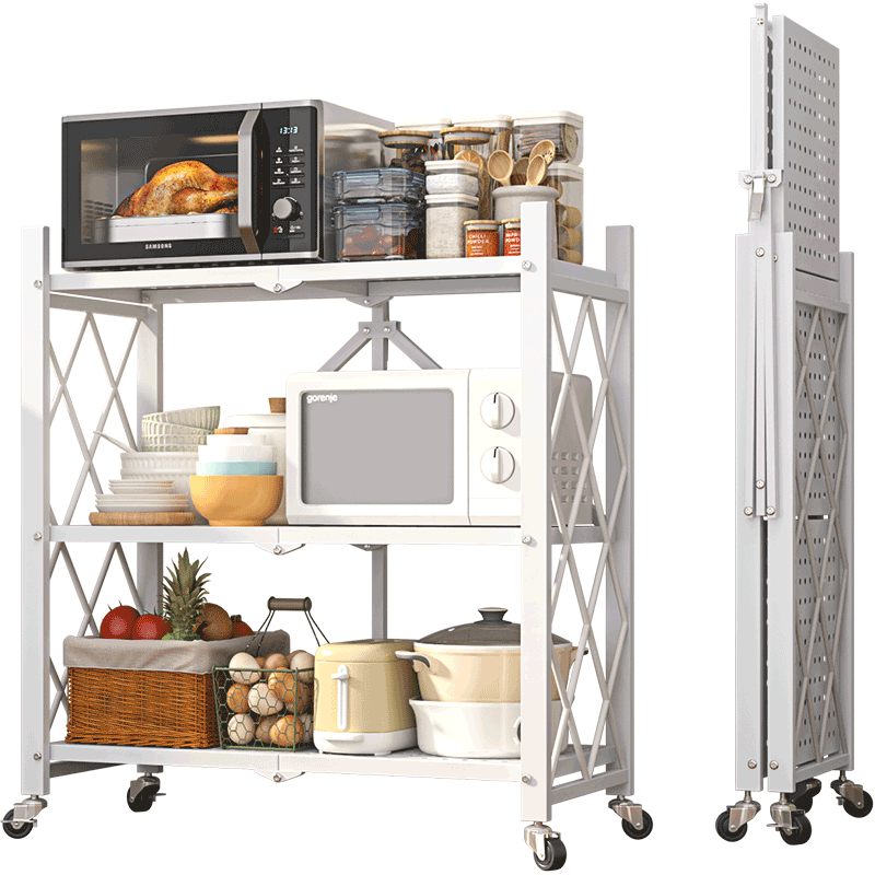 Leaijia Folding Storage Rack Multi-layer Floor-standing Kitchen Storage Rack Removable Storage Organizer for Oven Microwave