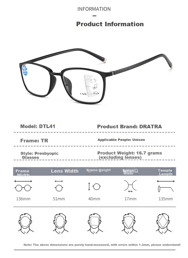 DRATRA Anti-Blue Light Reading Glasses, Multi-Focal Progressive Presbyopic Glasses, Unisex Design, Suitable for Both Distance And Near Vision, Stylish Classic Ultra-Light 8