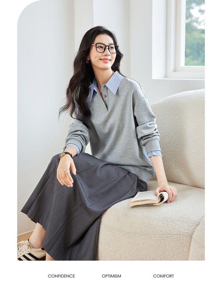 Fansiman Shirt Collar Spliced Fake Two-Piece Sweatshirt Women Autumn College Style Loose Long Sleeve Top Jacket Light Gray M 4