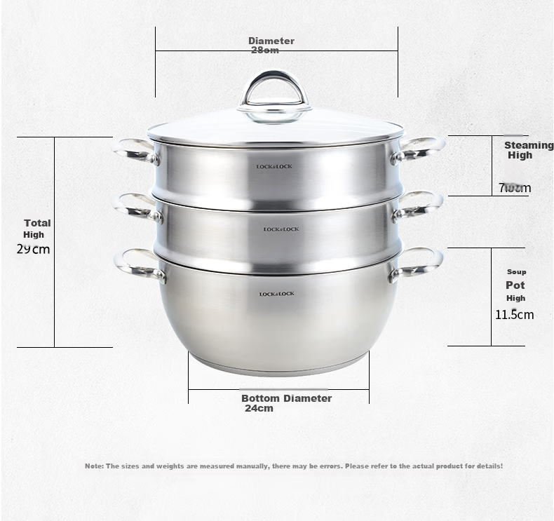 LOCK&LOCK Stainless Steel Steamer Pot, Large Capacity Home Steamer 28CM Three-Layer Combination Set for Steaming Meat, Fish, Buns And Mantou 6