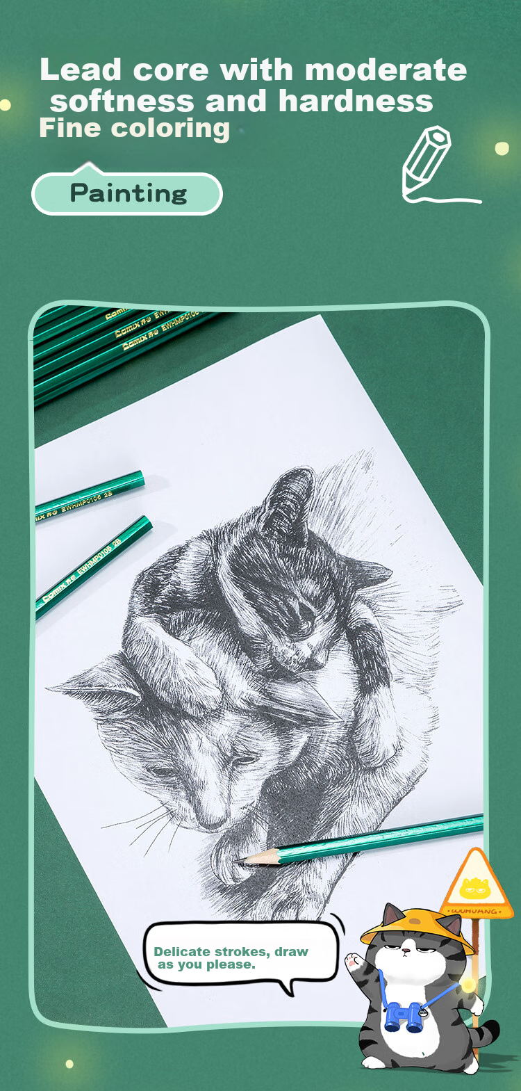 COMIX Wuhuangrensheng Is Wilderness 2B Pencils 10 Pieces, Classic Green Wooden Hexagonal Pencils, Student Exam Marking Cards Writing Art Wooden Pencils, EWHMP0105 4