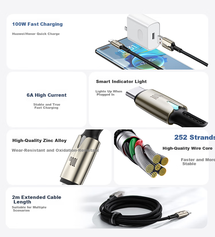 BASEUS Type-C Data Cable, 6A Charging Cord, 100W/88W Super Fast Charging, USB-C Car Charger, Suitable for Huawei Pura80/Mate70pro, Honor, Xiaomi Phones And Tablets, 5A Cable 6