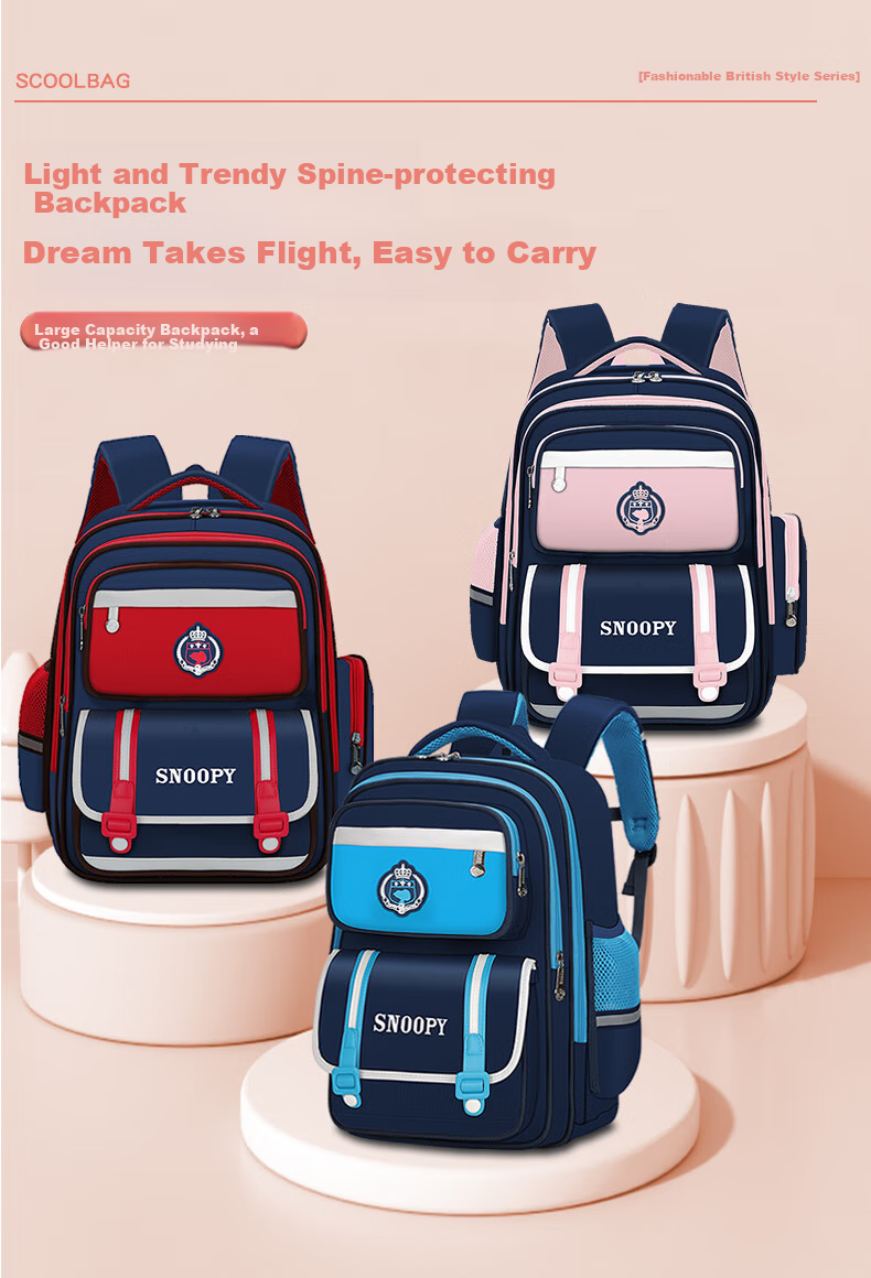 SNOOPY Elementary School Backpack, British Style Large Capacity Girls' School Bag for Grades 3-6, Blue Large Size 3