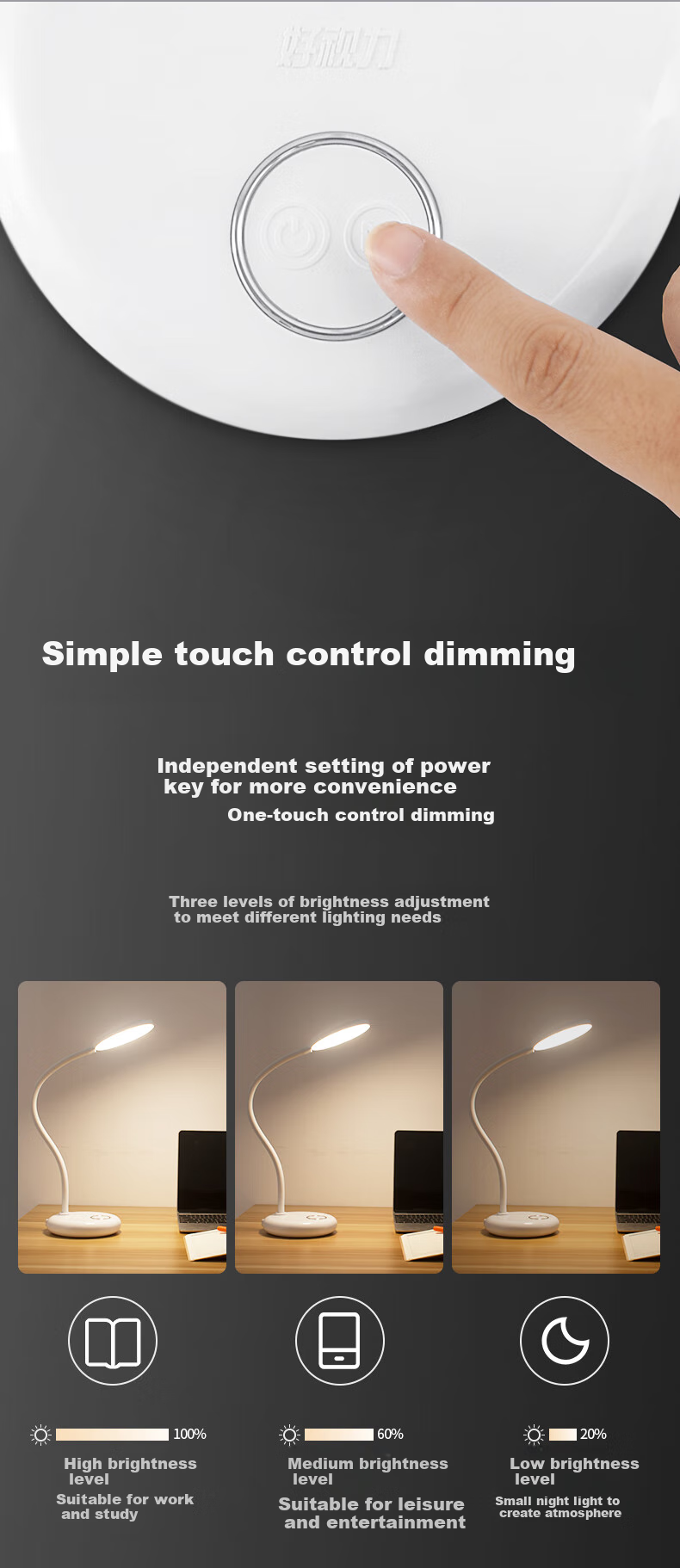 Haoshili USB Rechargeable Small Desk Lamp for Children, College Students, Dormitory, Bedroom, Office, Work, Study, Reading LED Desk Lamp 3
